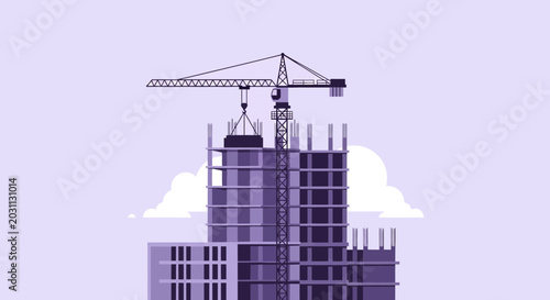 Modern Construction Site in Progress with Crane Building a High-Rise Apartment Building