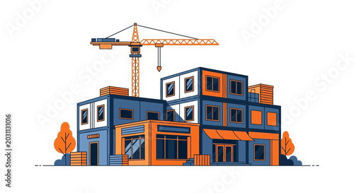 Modern Construction Site in Progress with Crane and Urban Architecture Buildings Design