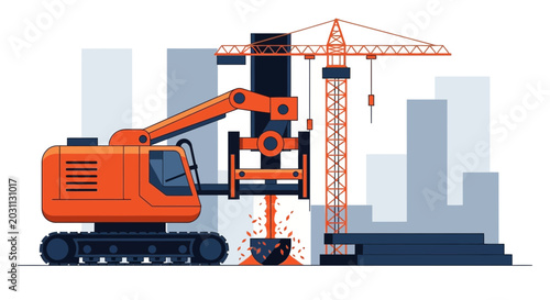 Modern Construction Site in Progress with Crane and Heavy Machinery Under Clear Skies