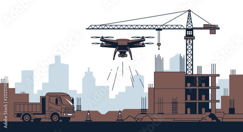 Modern Construction Site in Progress with Drone Monitoring and Innovative Technologies
