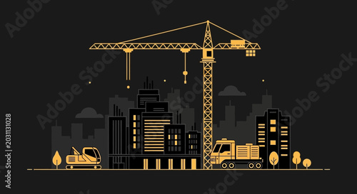 Modern Construction Site in Progress with Crane, Buildings, and Equipment in Silhouette