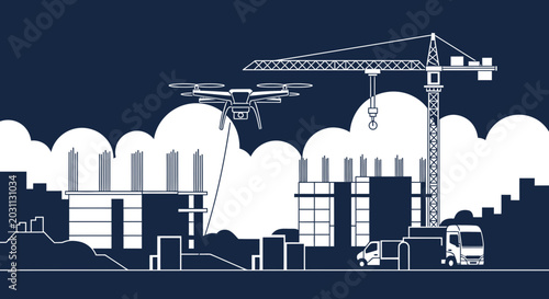Modern Construction Site in Progress with Drone Surveillance and a Tower Crane in Action