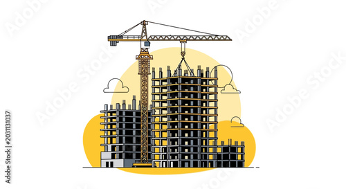 Modern Construction Site in Progress with Tower Crane and Animated Construction Buildings