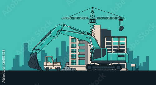 Modern Construction Site in Progress with Heavy Machinery and Tower Crane Illustration