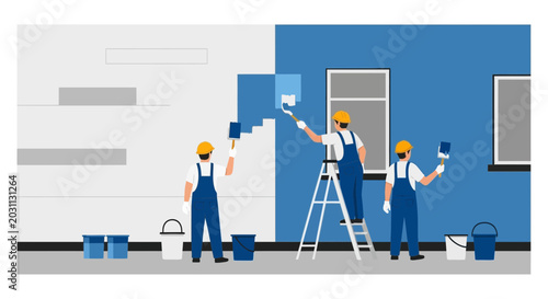 Painters Transforming a Surface: Construction, Renovation and Finishing Process Vector Illustration