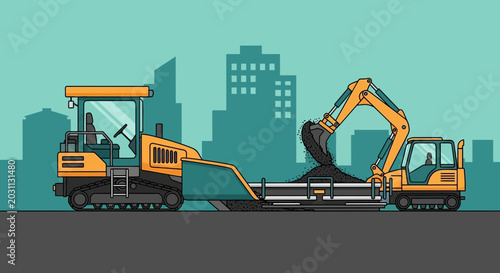 Road Construction Equipment Working Together in an Urban Environment, Modern Illustration