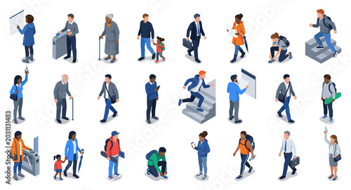 Foto Isometric metro station crowd vector set | Diverse urban people commuting walkin