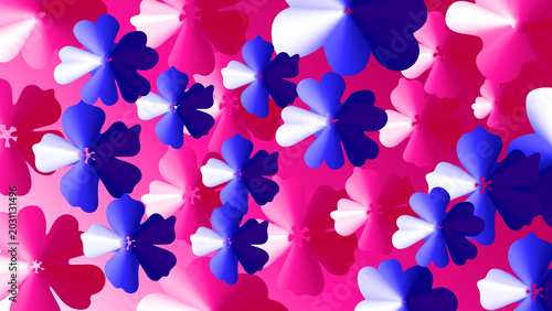 Abstract floral pattern with blue and white flowers on a vibrant pink background