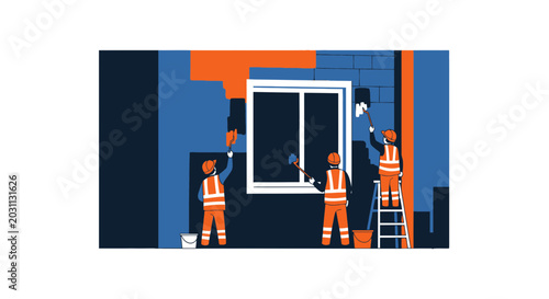 Renovating Facade: Workers Painting Building Exterior With Safety Assurance at Daytime