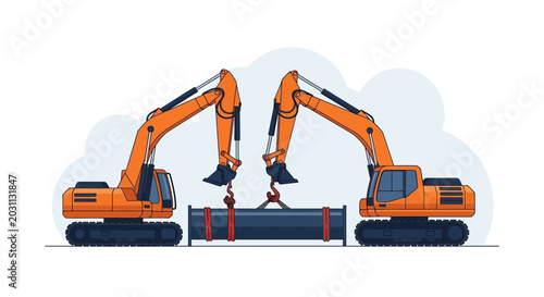 Two Excavators Lifting and Transporting a Heavy Pipeline Element for Construction Works
