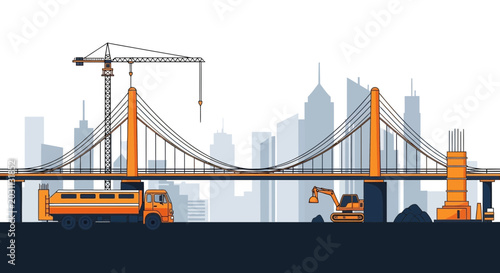 Suspension Bridge Under Construction with Machinery, and Cityscape Silhouettes in the Background