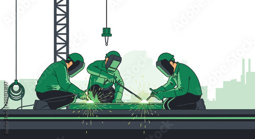 Three Welders in Protective Gear Working on a Structural Metal in a Factory Environment