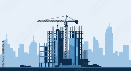 Urban Construction Site Featuring Cranes and Buildings in Progress Blueprint Style