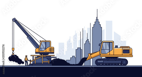 Urban Construction Site Featuring Heavy Machinery And City Backdrop In Vector Illustration