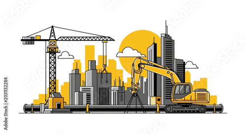Urban Construction Site Featuring Crane Architecture and Machinery in a Modern Cityscape
