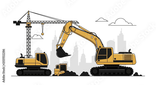 Urban Construction Site Featuring Heavy Machinery And A Tower Crane At Daybreak