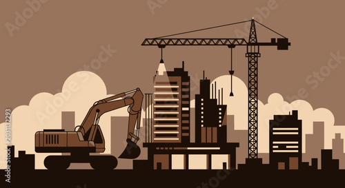 Urban Construction Site Featuring Excavator, Crane, and Emerging City Skyline