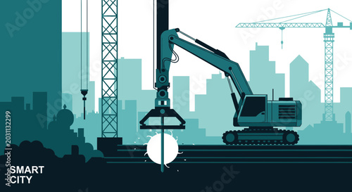 Urban Construction Site Featuring Heavy Machinery and Cityscape Silhouette Design