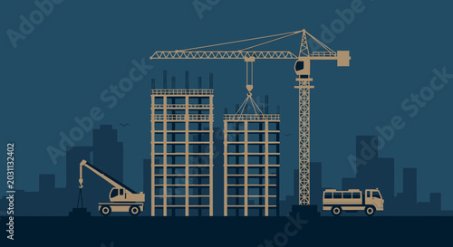 Urban Construction Site Underway Depicting Building Crane Towering Over City Silhouettes