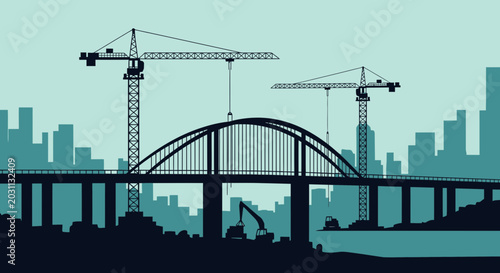 Urban Construction Underway Depicting Bridges, Cranes, And Architectural Progress