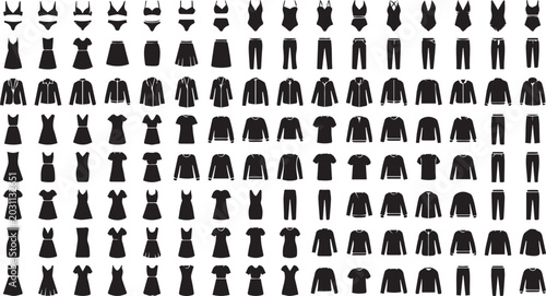 Women and Men Fashion Clothing Icons Set with Dresses Jackets Shirts Pants and Swimwear Silhouettes