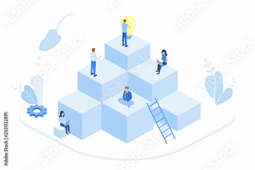 isometric illustration of business team climbing steps with lightbulb