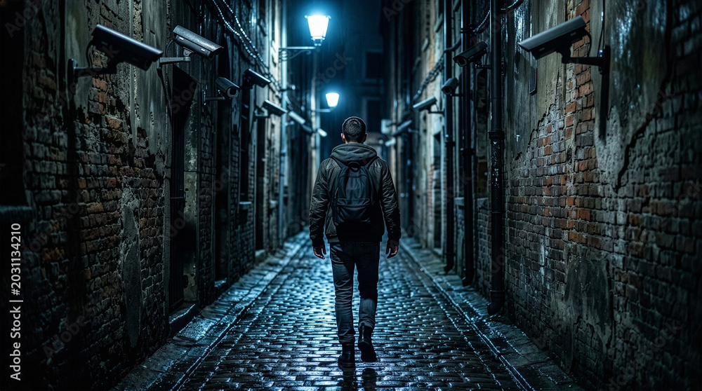 Fototapeta premium Man walking alone through dark alley watched by multiple CCTV cameras