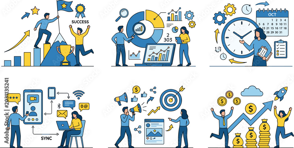 Fototapeta premium Business success and productivity illustration collection with teamwork data analysis time management marketing and financial growth creative artwork