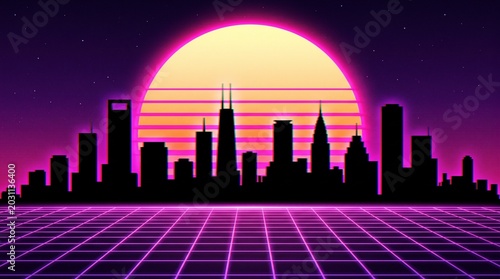 Neon cityscape at dusk with grid floor and retro sunset