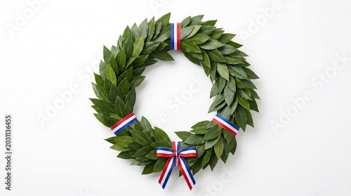 Laurel wreath with red white and blue ribbons on white background for patriotic decorations and symbolism