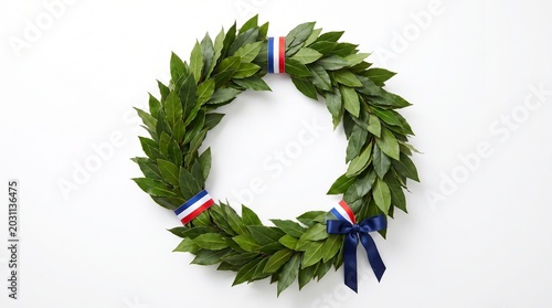 Laurel wreath with french tricolor ribbons and navy blue bow on white background for decoration and symbolism