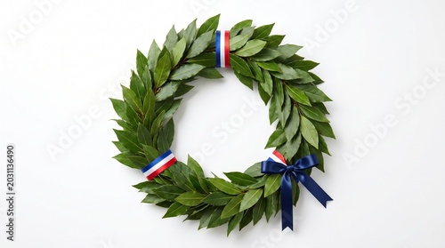Laurel wreath with red white and blue ribbons and navy blue bow on white background for decoration and symbolism