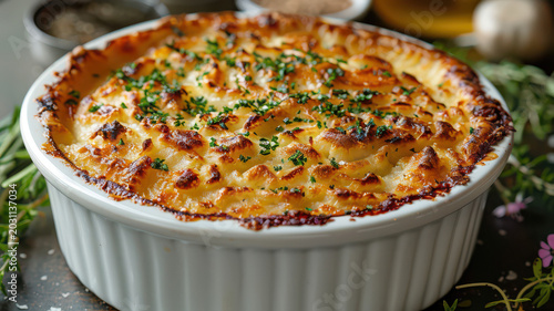 Golden baked macaroni and cheese is displayed in a white ceramic dish.png