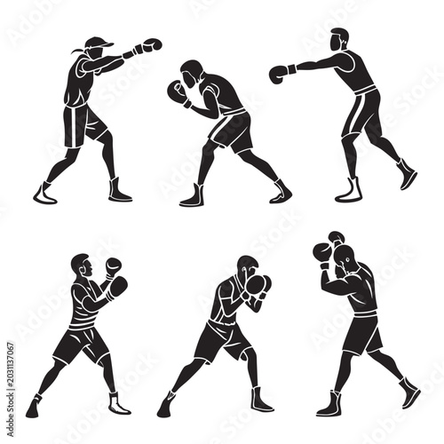 Bilde på lerret Boxers in various fighting stances and punches with martial arts, boxing gloves