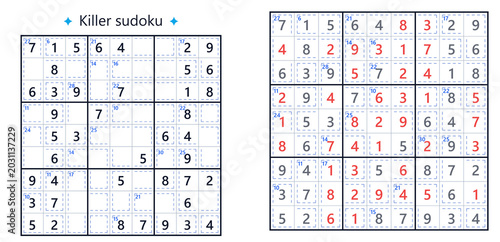 Photos Killer Sudoku puzzle layout with solved and unsolved grids