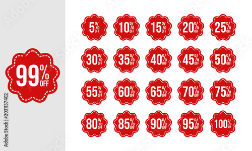 Discount Sticker Tag Set with 5, 10, 15, 20, 25, 30, 355, 40, 45, 50, 55, 60, 65, 70, 75, 80, 85, 90, 95, 99, 100 Percent Off Sale Labels and Special Offer Promotion Badges