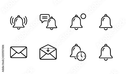 Obraz na plátně Notification bell and inbox message icon set alert reminder web interface outlin