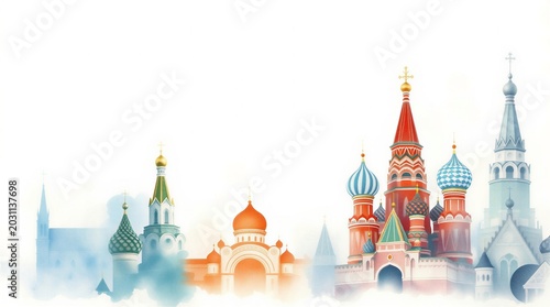 Russian landmark churches watercolor illustration on white background