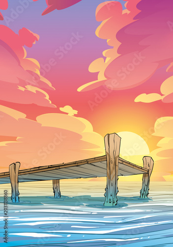 Sunset view from the pier in the sea.