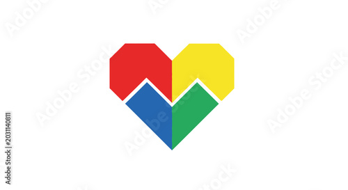 Colorful geometric heart shape with four distinct segments on white background