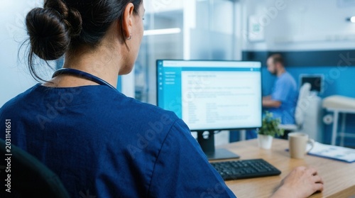 Medical Professional Working On Computer Screen in a Healthcare Environment Setting
