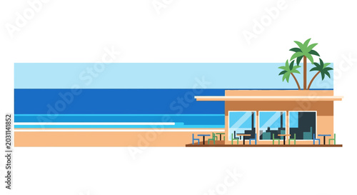 Fotografía Beach house with palm trees outside.