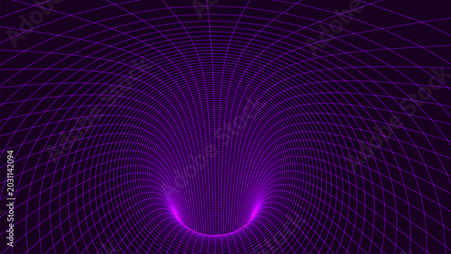 An abstract visualization of a funnel or tunnel, created from numerous bright, smooth lines that create a deep perspective, creating the effect of virtual space, against a dark background. Linear