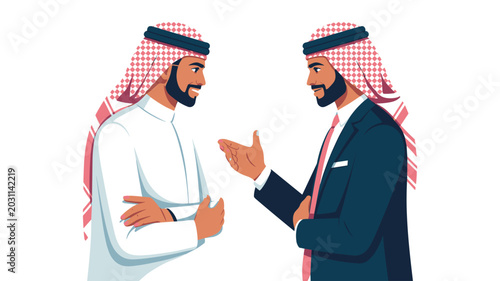 Two professional men in traditional Middle Eastern clothing engage in a business discussion while standing against a clean white background in a stylized vector illustration.