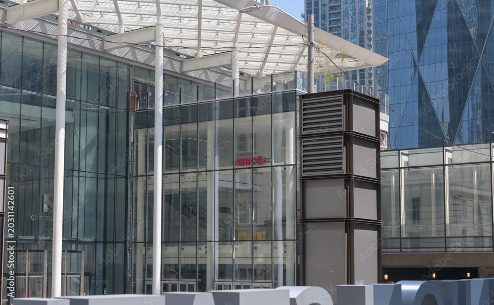 Naklejka premium wide view of entrance pavilion to CIBC Square, 141 Bay St, south of Front St W, Toronto