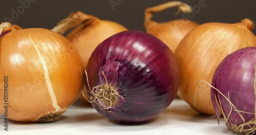 Bulb onion and red onion rotates on dark background. Onion - healthy product with many beneficial properties for health
