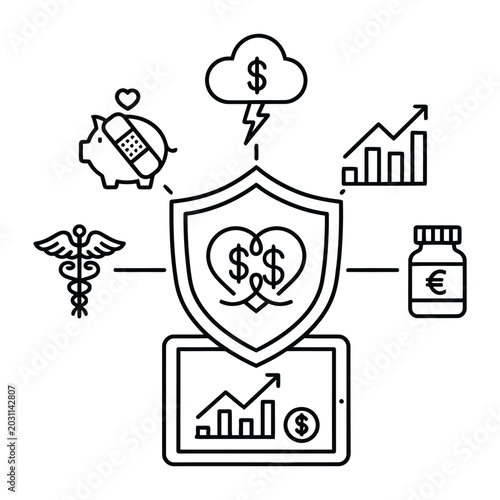 Financial health insurance vector icons, medical expense protection and savings concept, healthcare investment and risk management line art