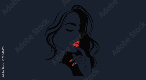 Beautiful sexy face, red lips, hand with red manicure nails, fashion woman, element design, nails studio, curly hairstyle, hair salon sign, icon. Beauty logo. Vector. JPEG version.