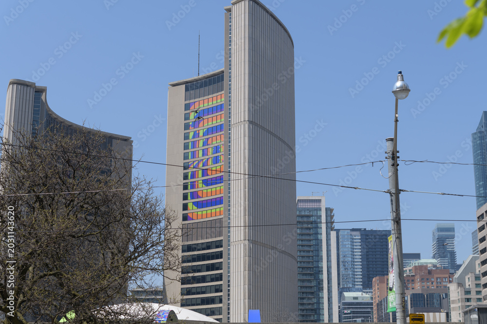 Naklejka premium east tower with World Cup branding at City Hall - looking north on Bay St from intersection of Queen St W, Toronto