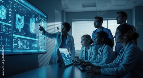Medical Professionals Analyze Advanced Digital Imagery in Futuristic Diagnostic Review